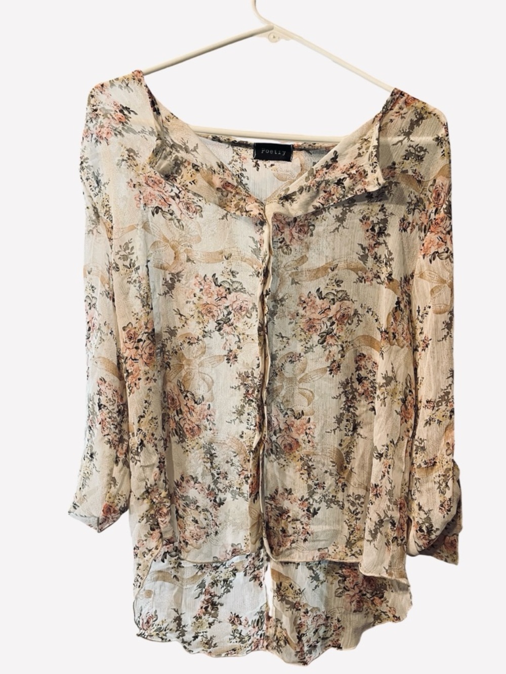 Poetry Sheer Blouse with Pink Florals & Creamy Bows -coquette Cottagecore